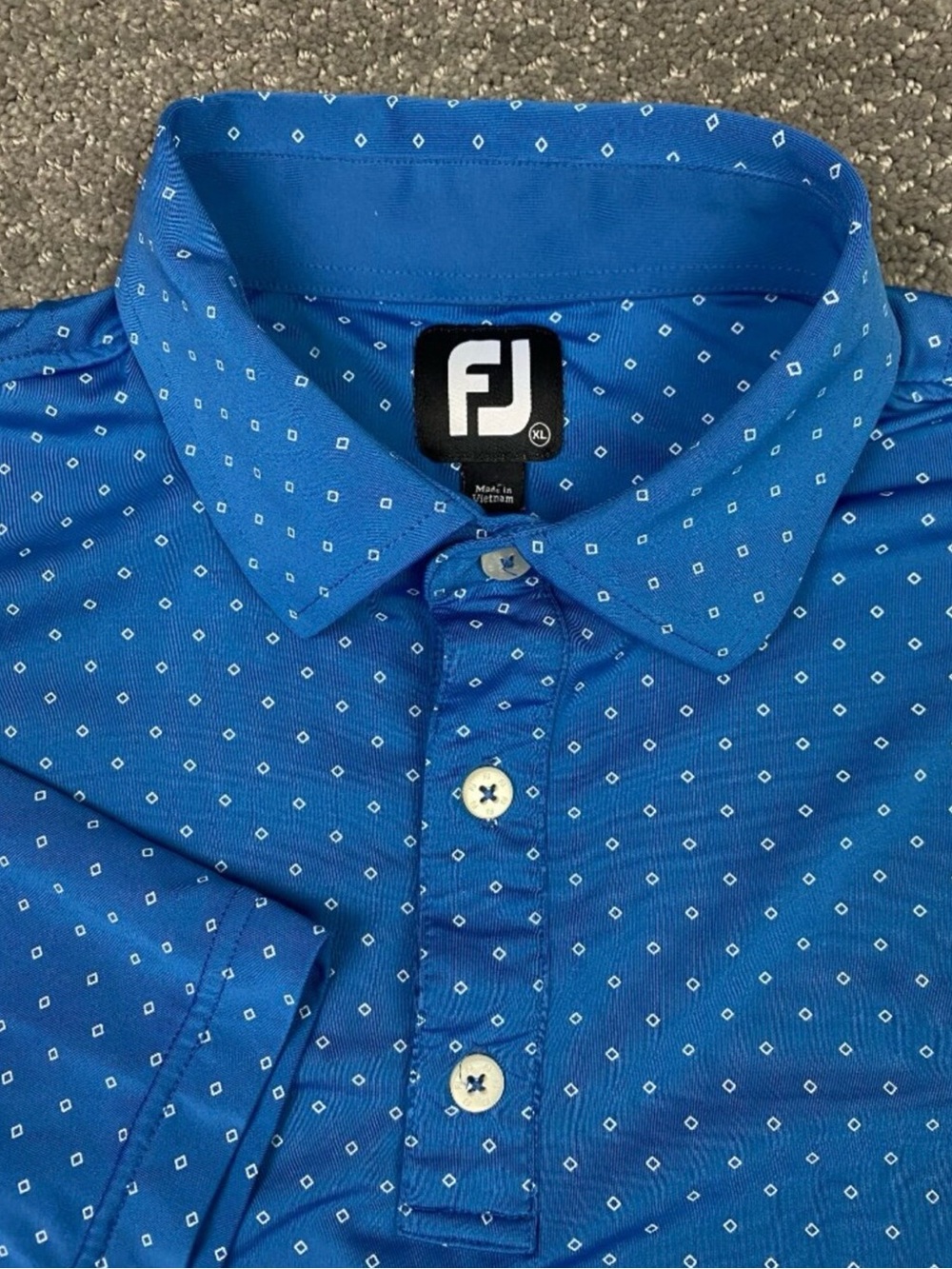 FootJoy Polo Shirt Mens XL Blue White Geometric All Over Print Golf Performance